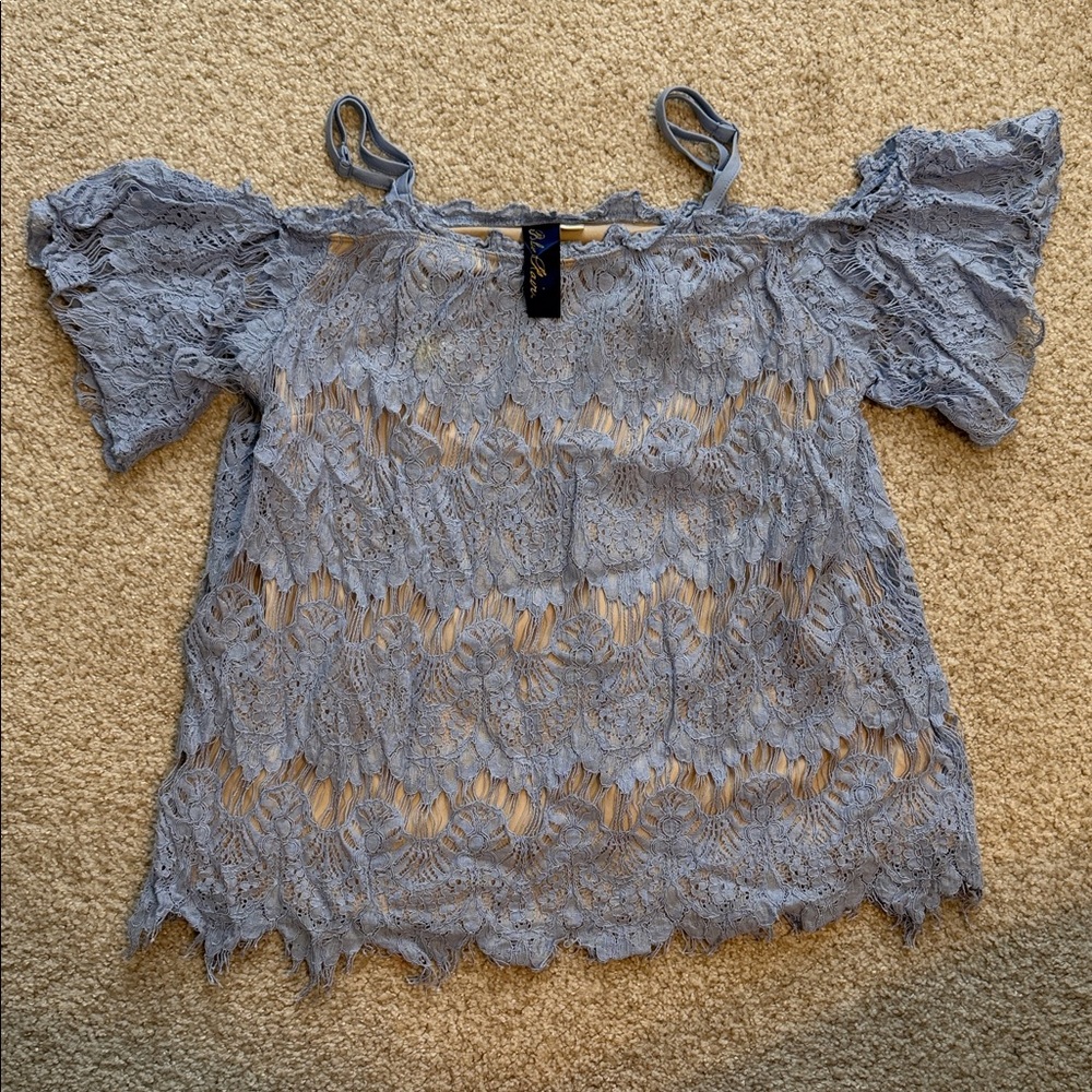 Blue Rain Lace Off-Shoulder Blouse in Blue